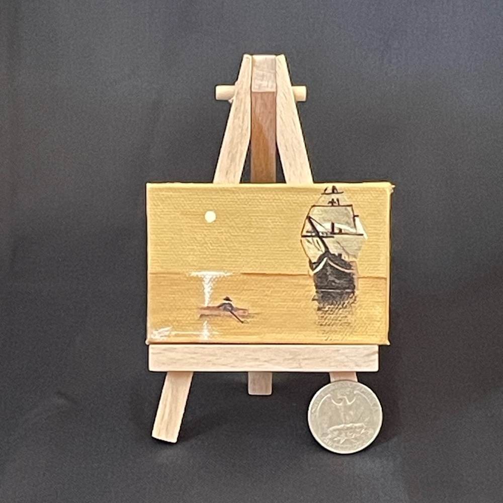 Miniature 2”x3” Original Painting “Pirate Ship” With Display Easel.